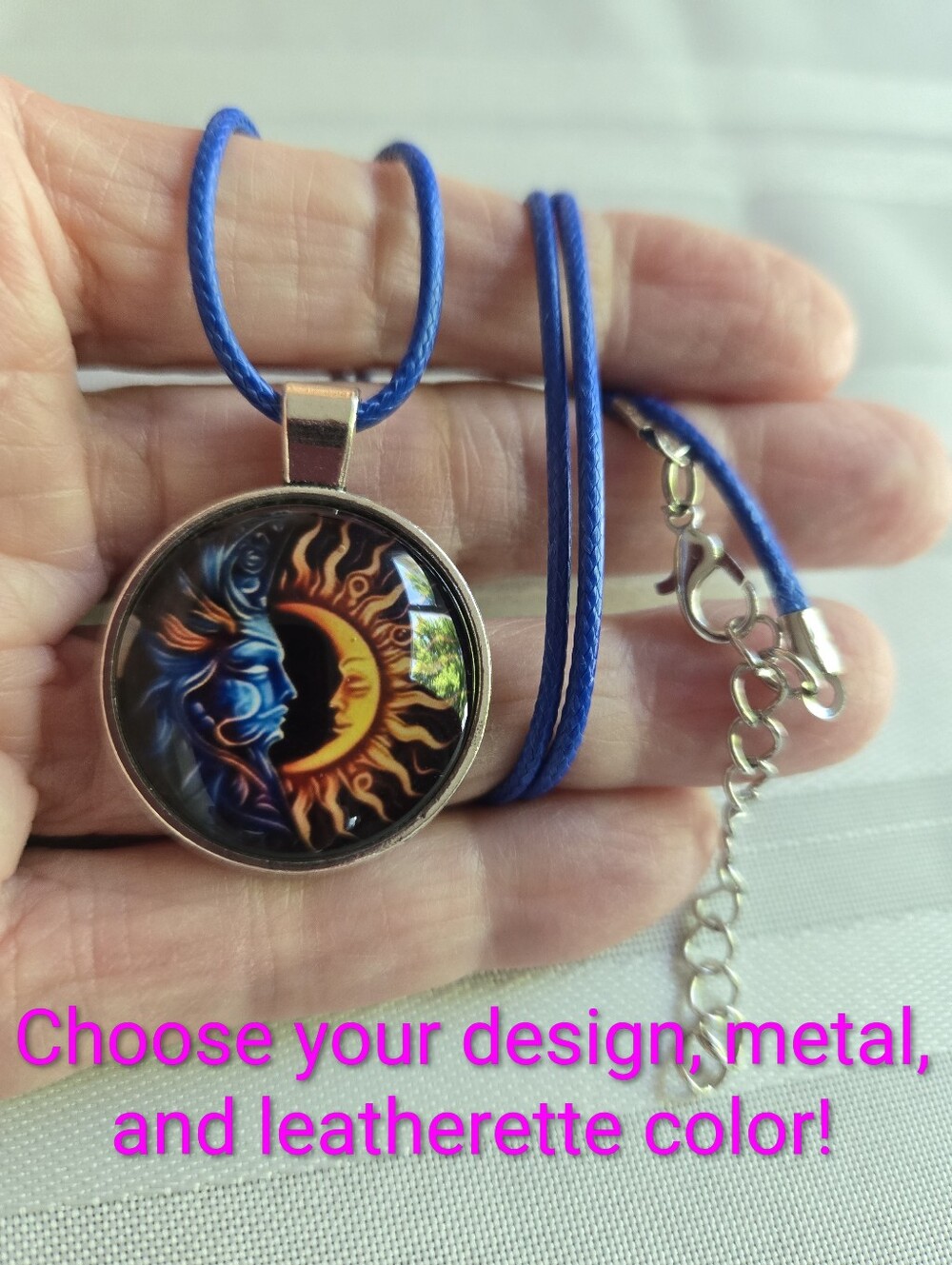 🌞🌛 Glass Sun Moon Pendant Necklace - choose design, metal & necklace Color!